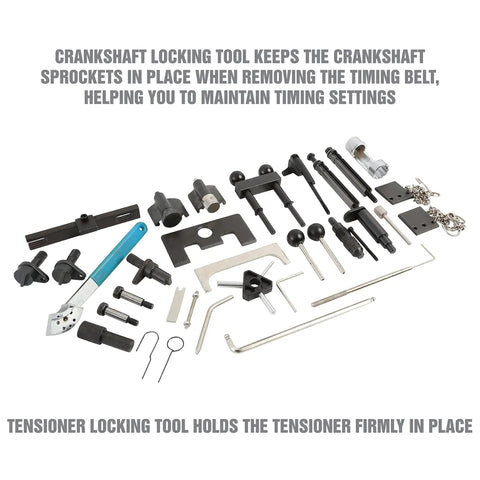 Pro Grade 37 Piece Engine Timing Tool Set For VW And Audi Timing Belt Service Kit With tensioner and cam pulley tools displayed.