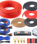 Straight Up 4 Gauge Auto Audio Hook Up Kit With 20 Ft Oxygen Free Copper Power Cable and 8 Gauge Speaker Runs for Dual Subs showcases wires and connectors.