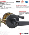 Black Commercial Door Lever Lockset Grade 2 Heavy Duty Keyed Entry For High Traffic Offices Schools Medical Facilities And Industrial Spaces UL And CUL ADA Compliant ANSI A156.2, showing matte black finish and technical specifications.