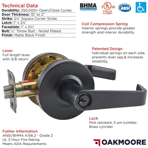 Black Commercial Door Lever Lockset Grade 2 Heavy Duty Keyed Entry For High Traffic Offices Schools Medical Facilities And Industrial Spaces UL And CUL ADA Compliant ANSI A156.2, showing matte black finish and technical specifications.