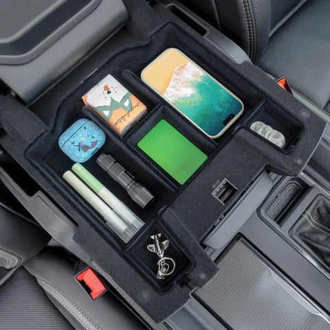 Center Console Organizer Upgrade With Flocked Liner for Dodge Ram 2019-2026, ABS Shell, Tray Insert for Full Console and Bucket Seats