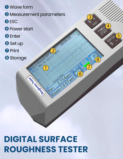 Handheld Digital Surface Roughness Meter With 22 Parameters, Portable Profilometer For Outer Cylinders, Curved Surfaces And Pinholes, Ergonomic Grip, On The Go Roughness Testing For Machined Parts And Finishes