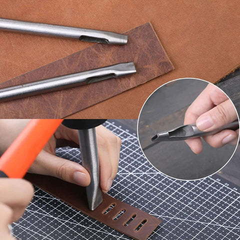 Using 9 Size Oval Leather Hole Punch Set Carbon Steel Pro Grade Hand Punch Tool Kit for Belts, Watchbands, Gaskets, and Cloth Crafting