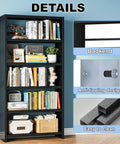 Rock Solid 5 Tier Metal Bookshelf Black Heavy Duty Industrial Bookcase 69 Inches Tall Steel Storage Shelves with anti-tipping design.