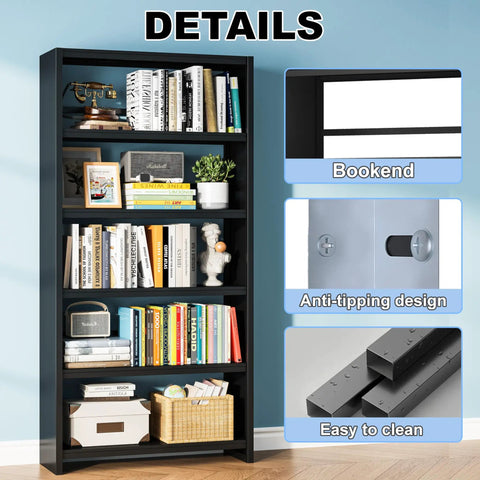 Rock Solid 5 Tier Metal Bookshelf Black Heavy Duty Industrial Bookcase 69 Inches Tall Steel Storage Shelves with anti-tipping design.