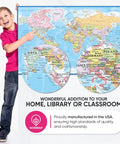 Child holding Two Pack World And USA Map Poster Set Laminated 18x29 Inch Wall Charts With Matte No Glare Finish And Adhesive Stickers.