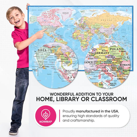 Child holding Two Pack World And USA Map Poster Set Laminated 18x29 Inch Wall Charts With Matte No Glare Finish And Adhesive Stickers.