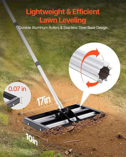 Updated Lawn Leveling Rake With Roller 17 Inch By 10 Inch Stainless Steel Lawn Leveler With 63 Point Four Inch Adjustable Handle