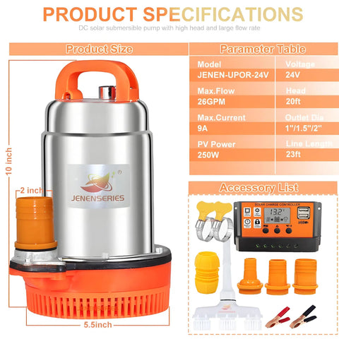 Solar Water Pump 300W DC 12V 2 Inch Submersible Deep Well Kit for Farm or Ranch product specifications