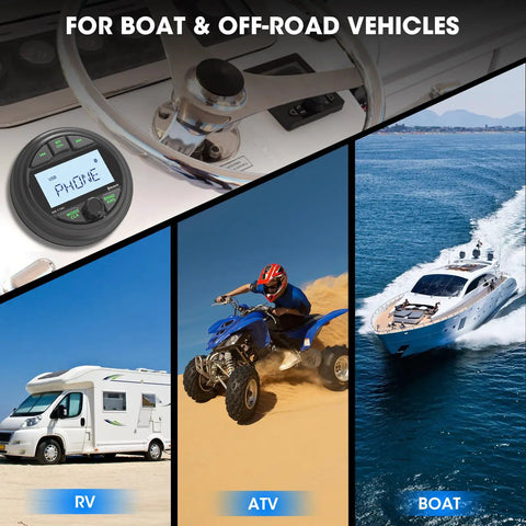 Waterproof Marine Bluetooth Stereo Head Unit With AM FM Radio, 2.8 Inch LCD Display in boat, ATV, and RV settings