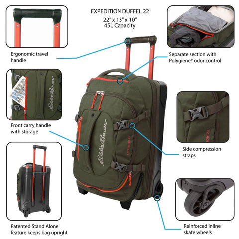 Rugged Rolling Duffel Bag For Travel And Carry On, Stand Alone Upright Design, 22 Inch Luggage In Dark Thyme, Eddie Bauer Expedition 2.0