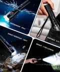 Rechargeable Tactical Flashlight With 1200mAh Battery USB C Quick Charge Five Mode LED Torch For Camping Outdoor Adventures Home Emergencies Dope Gift For Men And Dads showing waterproof and impact-resistant features.