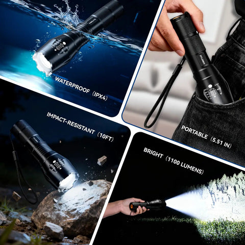 Rechargeable Tactical Flashlight With 1200mAh Battery USB C Quick Charge Five Mode LED Torch For Camping Outdoor Adventures Home Emergencies Dope Gift For Men And Dads showing waterproof and impact-resistant features.