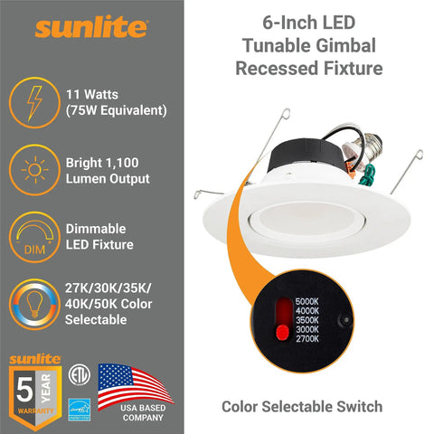 Gimbal LED Recessed Downlight Fixture 5 To 6 Inch, 11W, 1100 Lumens, Color Temperature Selectable, shown with color options.