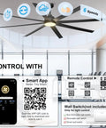 Smart control features of the 84 Inch Ceiling Fan With Lights Remote And App Control, showcasing app and remote options for indoor use.