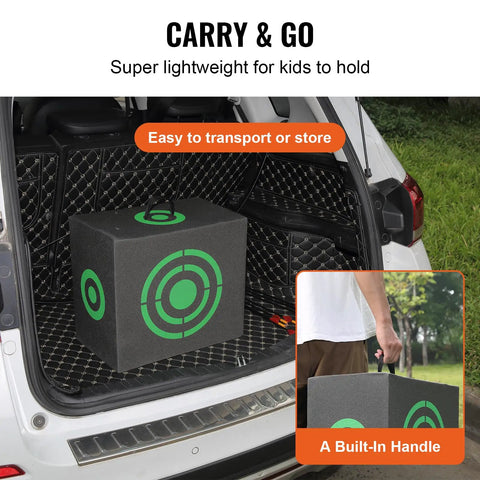 All-Side 16x18 Archery Target Block for Outdoor Practice in car trunk, portable with carry handle, black with green targets