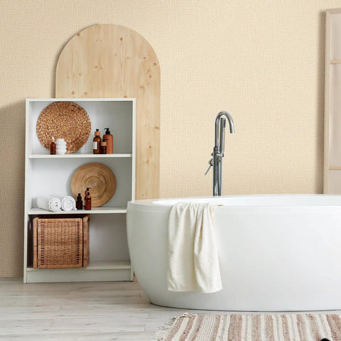 Modern bathroom with Peel And Stick Slick Grasscloth Wallpaper For Cabinets And Walls, Faux Linen Beige Vinyl Self Adhesive Covering 15.7 X 393.7 Inches.