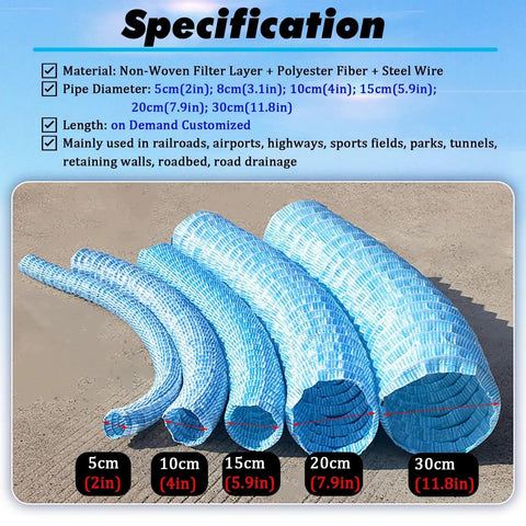 Perforated Landscape Drainage Tubing With No Clog Nonwoven Filter Sleeve And Spiral Steel Wire DIY Friendly Flexible French Drain Hose for Yard, showing multiple diameter sizes.