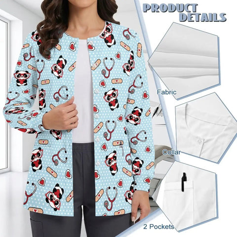 Moisture Wicking Scrub Jacket For Women With Pockets Snap Front Easy On Off Panda Print Perfect For Pet Care And Pediatrics
