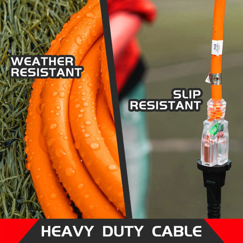 Weatherproof Indoor Outdoor Extension Cord With Lighted End UL Certified 12 Gauge 30ft 3 Prong SJTW Power Cable close-up
