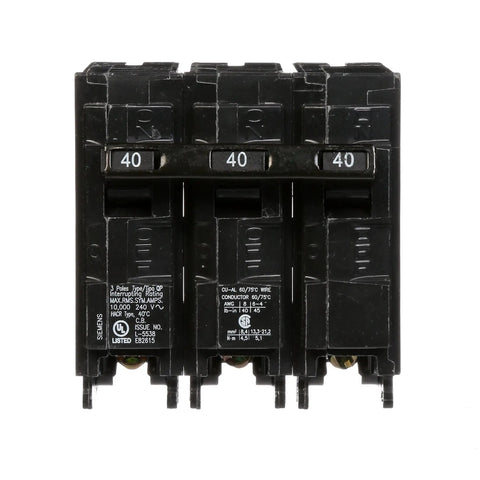 Front view of Three Pole 40 Amp 240V QP Circuit Breaker With Insta Wire Plug In Connection 10000 AIC Easy Enclosure Install