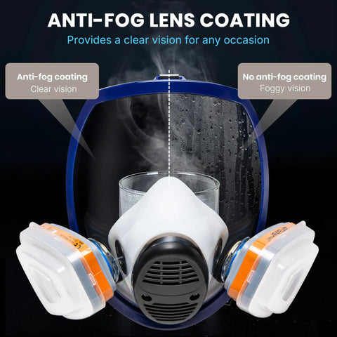 G 750 Heavy Duty Full Face Respirator Mask With A1P2 Filters Dual Filtration Anti Gas Anti Dust shown with anti-fog lens coating