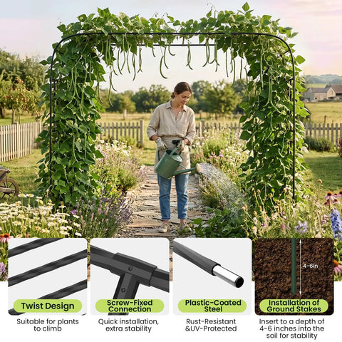Woman watering plants beneath Versatile Garden Arch Trellis 126 By 94.5 Inches, Rust-Proof PE Coated Metal Arbors