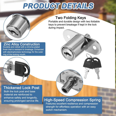 Heavy Duty Push Plunger Locks Loaded With Keys And Hardware For Cabinetry Drawers And Shed Doors Brushed Steel Finish detailed view of zinc alloy lock with two keys.