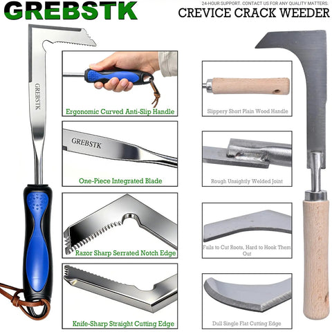 Crevice Weeder Tool With Stainless Steel Double Sided L Shaped Blade for patio stones and driveway cracks