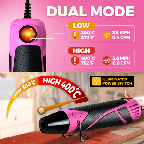 Pink and black Mini Dual Temp Heat Gun for Crafting with variable speed settings, low and high temperature capabilities.