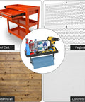 2 In 1 Wall Mounted Tool Tray With Paper Holder For Workshop Shed And Garage Heavy Duty Small Tools Rack Quick Access Storage Organizer Keeps Your Gear Ready And Neat Holds Up To 40 Lbs installed on various wall types, holding tools and paper towel.