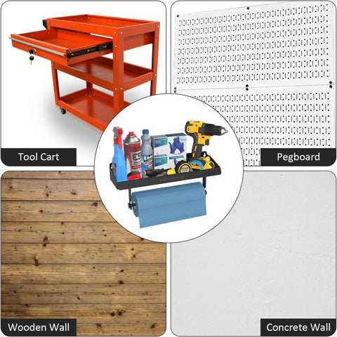 2 In 1 Wall Mounted Tool Tray With Paper Holder For Workshop Shed And Garage Heavy Duty Small Tools Rack Quick Access Storage Organizer Keeps Your Gear Ready And Neat Holds Up To 40 Lbs installed on various wall types, holding tools and paper towel.