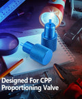 Four Piece Brake Proportioning Valve Bleeder Tool For Gm Style Combo Valves Disc Disc And Disc Drum compatible with Pv2 Pv4, blue bleed tools on a workspace.