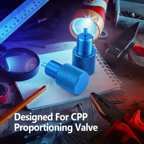 Four Piece Brake Proportioning Valve Bleeder Tool For Gm Style Combo Valves Disc Disc And Disc Drum compatible with Pv2 Pv4, blue bleed tools on a workspace.