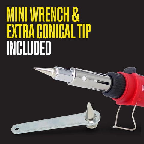 Cordless Butane Soldering Iron Kit With 3 In 1 Soldering, Jewelry And Heat Shrink Torch, mini wrench and conical tip shown