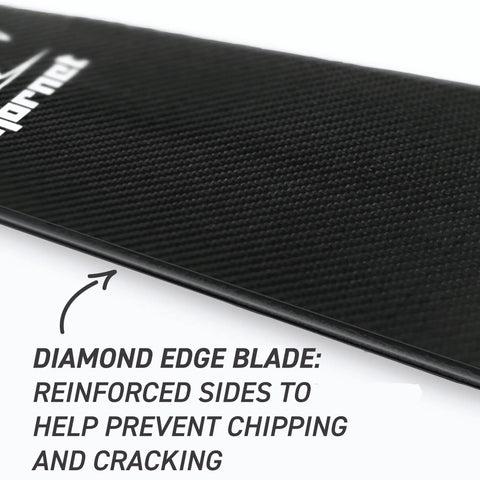 Beefy Dragon Boat Carbon Fiber Racing Paddle With Clamp Adjustable Shaft From 114 To 129.5 Centimeters Lightweight 20 Oz PMI Foam Core IDBF Approved For Serious Crews Blue Dragon Edition showing diamond edge of blade with reinforced sides.