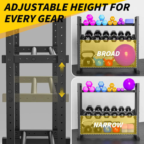 Three Tier Adjustable Dumbbell Rack For Home Gym Storage Steel showing adjustable height and space for weights and gear