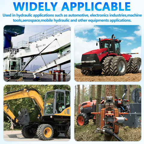 Four heavy machines collage: gantry crane, red tractor, yellow excavator, forestry machine.