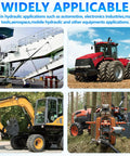 Collage of hydraulic machinery including a crane, tractor, excavator, and forest equipment illustrating applications.