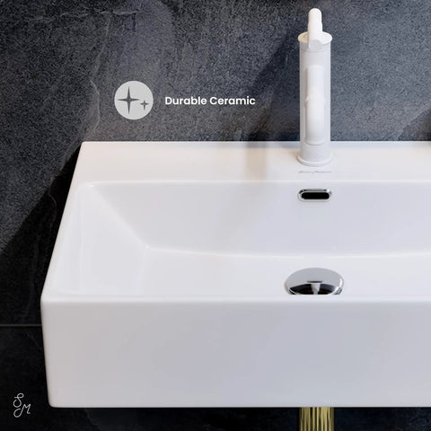 Close-up of 24 Inch Rectangle Wall Mount Bathroom Sink Sleek Space Saving Ceramic Vanity Basin With Durable Non Porous Scratch Resistant Finish
