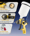 Straight Shooting HVLP Air Spray Gun Kit With Precise One Point Three Mm Tip features copper nozzle, control knobs, and pressure gauge.