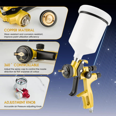 Straight Shooting HVLP Air Spray Gun Kit With Precise One Point Three Mm Tip features copper nozzle, control knobs, and pressure gauge.