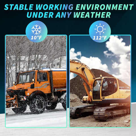 Orange truck and excavator operating in extreme weather conditions demonstrating versatility and reliability of power connector kit.