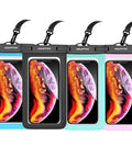 4 Pack 8.5 Inch Waterproof Phone Pouches with Lanyard for Beach and Travel, multi-colored pouch display with smartphones inside