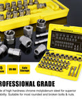 35-Piece Bolt Extractor Kit With One Quarter And Three Eighths Inch Drive No Nonsense Easy Out Socket Set displayed with yellow case