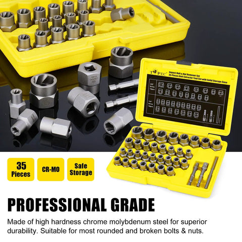 35-Piece Bolt Extractor Kit With One Quarter And Three Eighths Inch Drive No Nonsense Easy Out Socket Set displayed with yellow case
