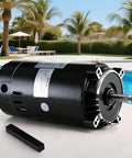 Heavy Duty One Horsepower Swimming Pool Pump Motor Drop In Replacement For Hayward And Jacuzzi Pumps showing a black motor near a swimming pool.