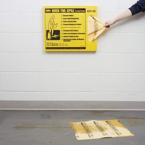 Spill Pad Station Kit With Large Yellow Absorbent Mats For Quick Water Oil And Beverage Spill Cleanup In Restaurants Offices And Homes Tear Off Pads For Fast Absorption And Durable Melt Blown Construction