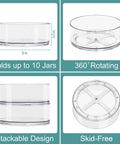 Clear 9 Inch Lazy Susan Organizer Turntable for Spice Cabinet Storage showing dimensions, rotating mechanism, stackable, skid-free design
