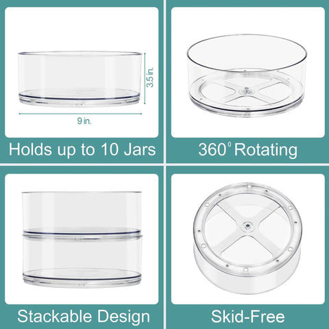 Clear 9 Inch Lazy Susan Organizer Turntable for Spice Cabinet Storage showing dimensions, rotating mechanism, stackable, skid-free design
